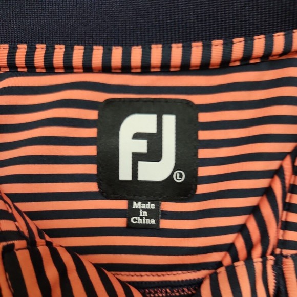 Footjoy FJ Golf Polo Shirt Mens Large Blue Peach Striped Performance Stretch - Picture 3 of 8